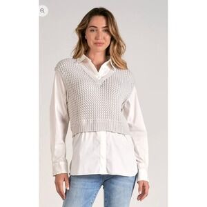 Elan  Nine Sweater Shirt Women M Gray Mixed Media V-Neck Layered SW11154